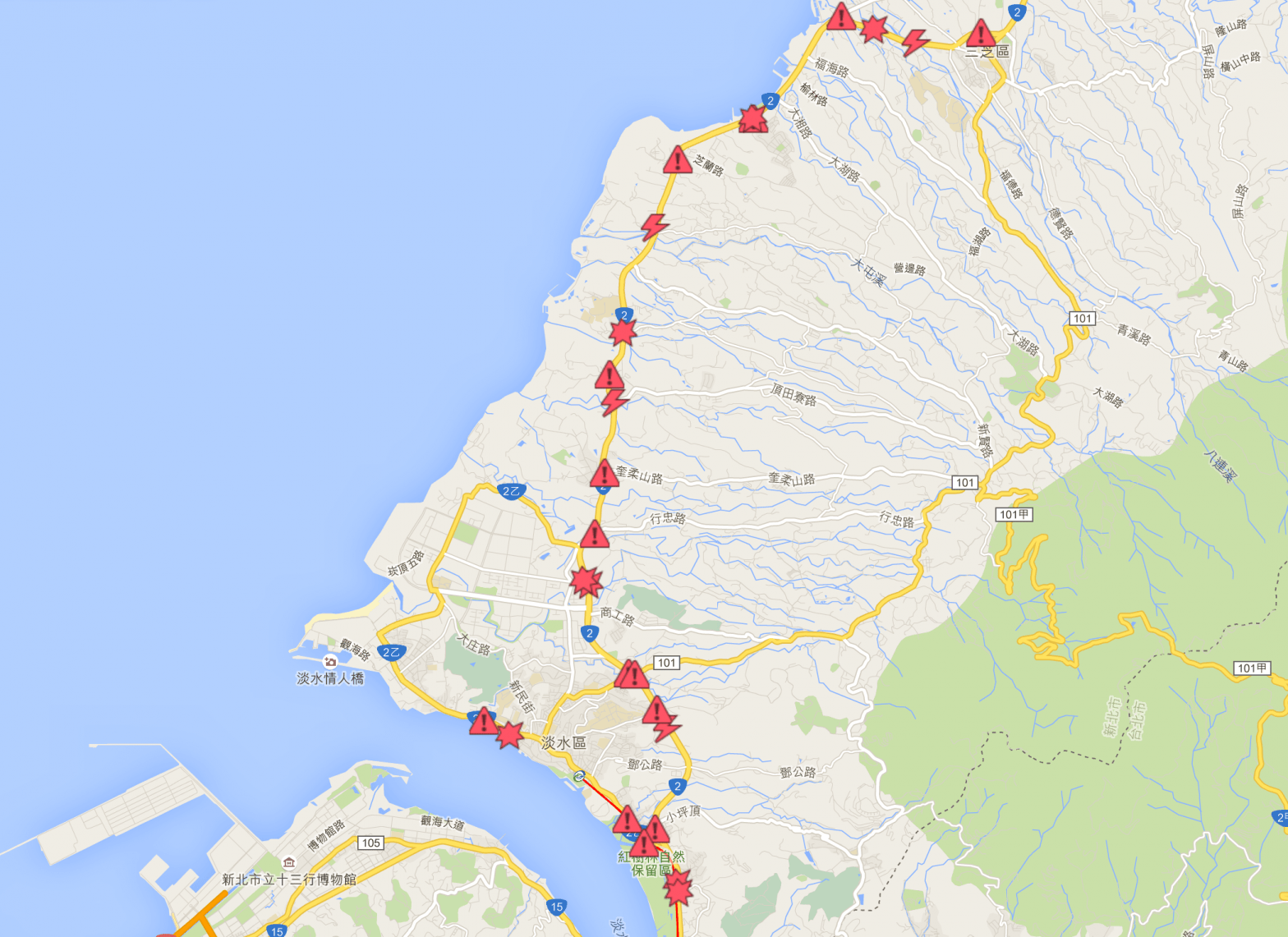 2015 淡水與北海岸地區闖紅燈照相與測速照相機（地圖）